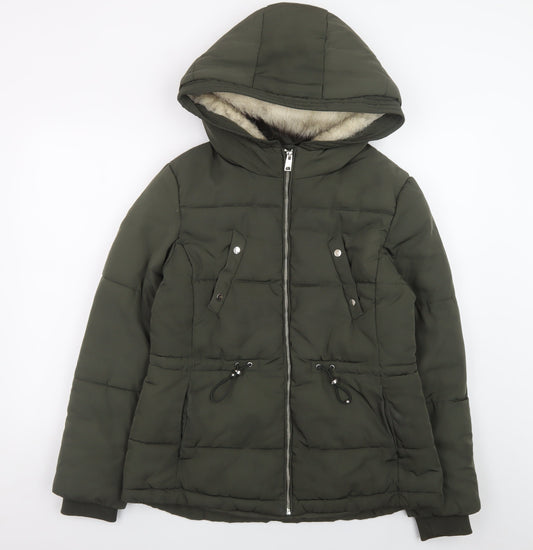 H&M Divided Women's Green Puffer Jacket Size 14 Hooded Mid-Length