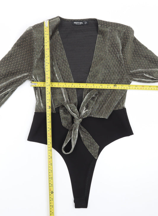 Nasty Gal Womens Grey Velvet Wrap Bodysuit Size 10 Long Sleeve