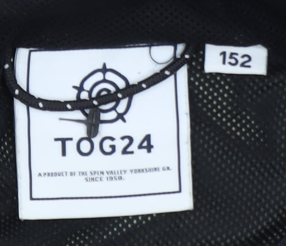 Brand and care label for TOG24 boys’ green camouflage hooded windbreaker jacket, size 152