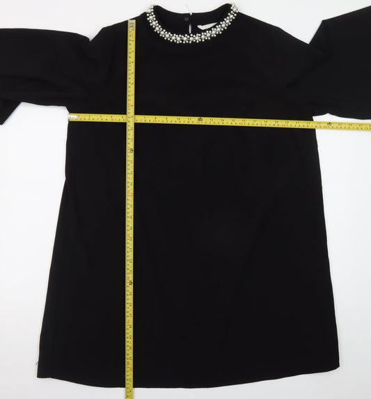 H&M Women Black Size 12 Beaded Shift Dress High Neck Evening