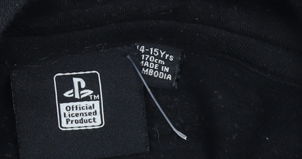 Brand and care label for PlayStation boys’ black pullover hoodie 14-15 years hooded sweatshirt