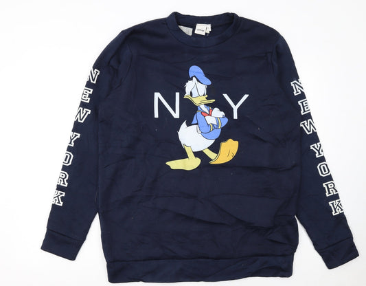 Front view of Disney Women Navy Donald Duck New York Pullover Sweatshirt L