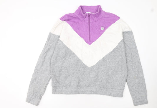 Additional front view of Fila women’s grey purple colourblock 1/4 zip sweatshirt xl