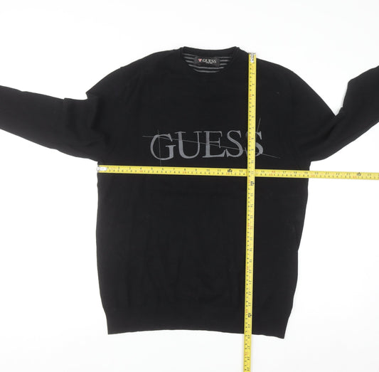 Guess Men's Black Crew Neck Logo Pullover Jumper Size M