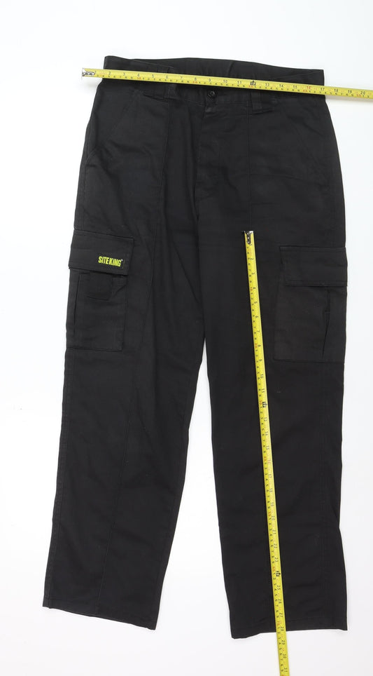 Site King Men's Black Cargo Work Trousers Size 32 Short Durable Cotton