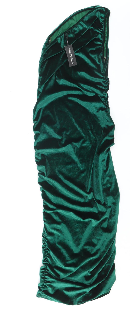 PRETTYLITTLETHING Women Green One Shoulder Velvet Bodycon Dress Size 10