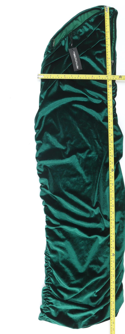 PrettyLittleThing Women Green One Shoulder Velvet Bodycon Dress Size 10