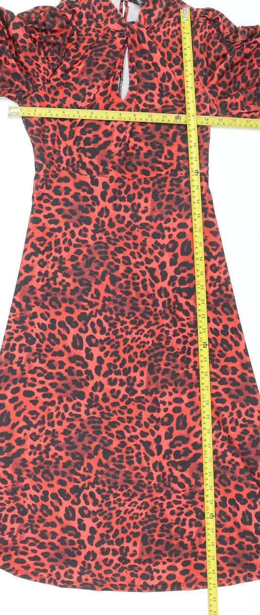 Friends Like These Women’s Red Leopard Print Midi Puff Sleeve A-Line Dress Size 8