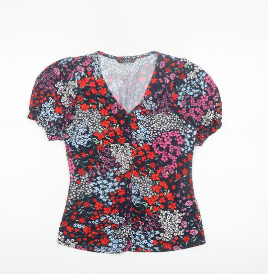 Additional front view of Dunnes Women’s Multicoloured Floral V-Neck Short Sleeve Blouse, size UK 10
