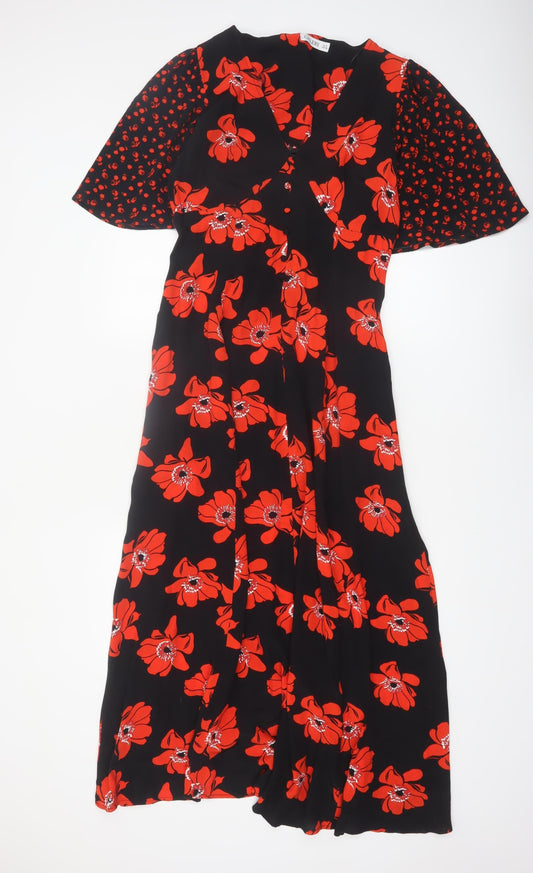 Additional front view of Gallery Women’s Black Red Floral Midi Fit & Flare Dress UK 8