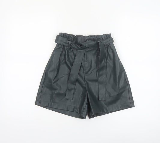 Primark Women Black Faux Leather Paperbag Shorts Size 4 High Waist