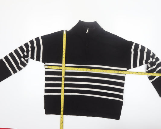 DKNY Jeans Women's Black Striped Mock Neck 1/4 Zip Jumper Size L