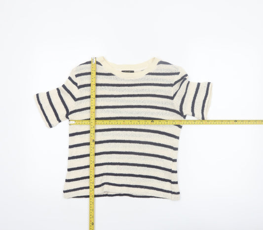 Massimo Dutti Women's Ivory Striped Knit Linen Blend T-Shirt XS