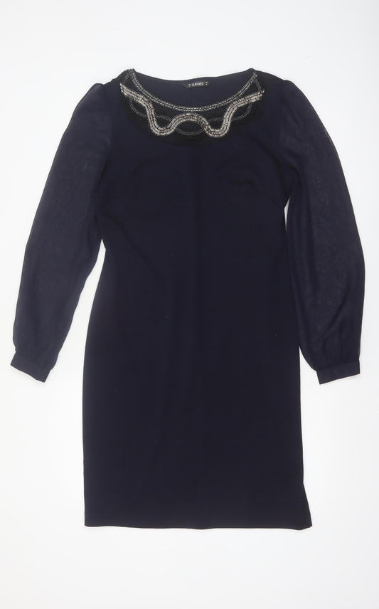 Additional front view of Dunnes Women Black Beaded Shift Dress, size 10, Long Sleeve
