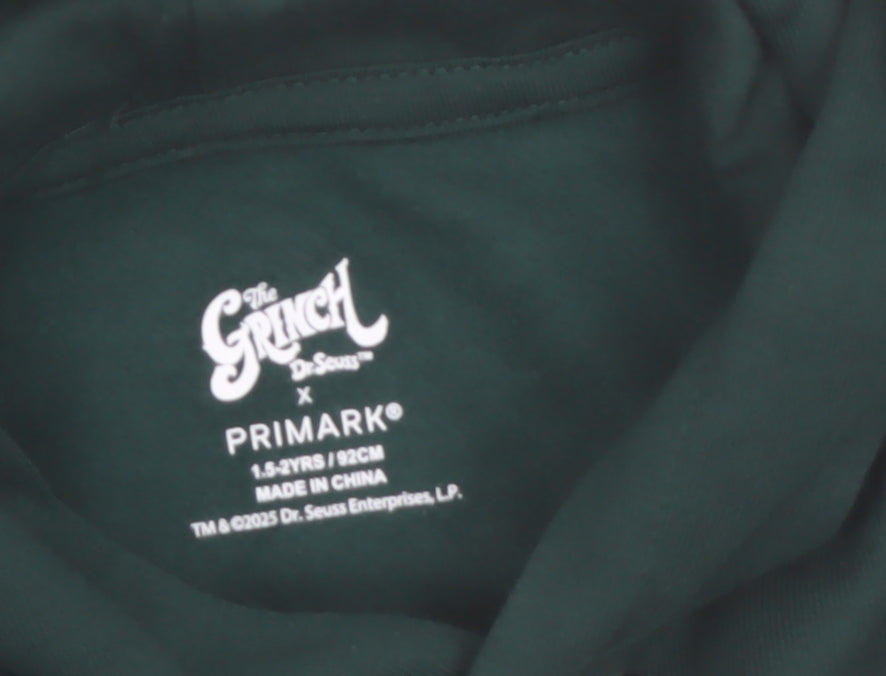 Primark Boys Green The Grinch Hoodie 1.5-2 Years Cotton Blend Christmas
