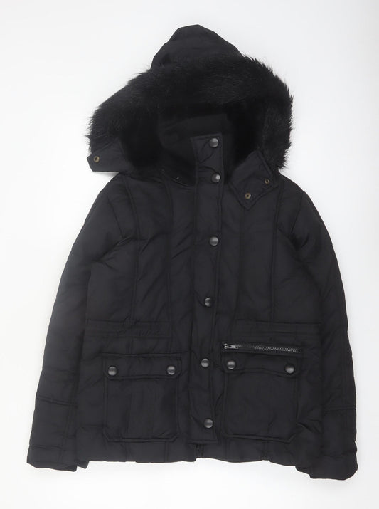 St. Bernard Women’s Black Hooded Puffer Jacket Size 8 Faux Fur Trim