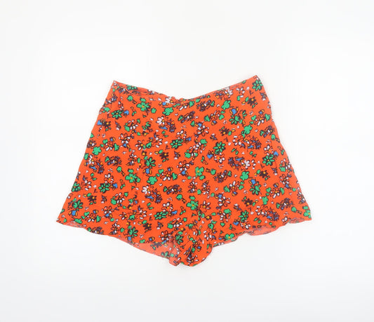 Topshop Women Orange Floral Print High Waist Viscose Shorts Size 10