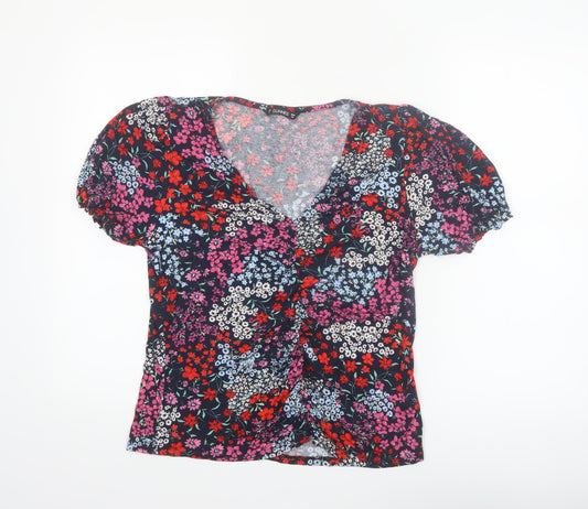 Additional front view of Dunnes Women's Multicoloured Floral V-Neck Puff Sleeve Blouse, size 16