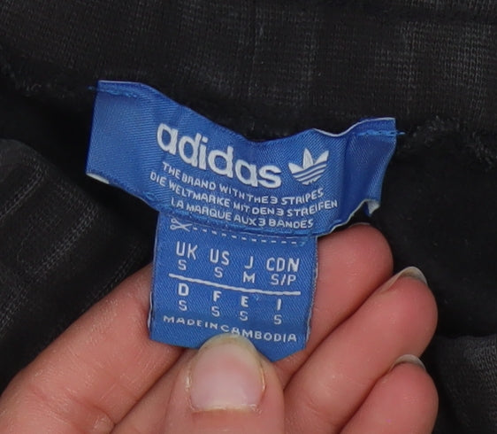 Brand and care label for Adidas Men’s Black Jogger Trousers, size S, Tapered Fit with Zip Pockets