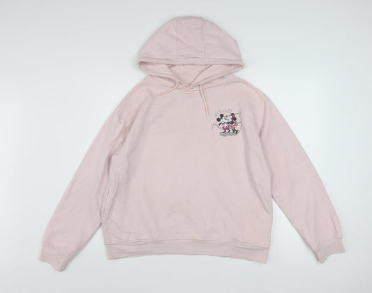 Front view of Disney Women Pink Hooded Pullover Hoodie UK 10/12 Small Minnie Mouse Print