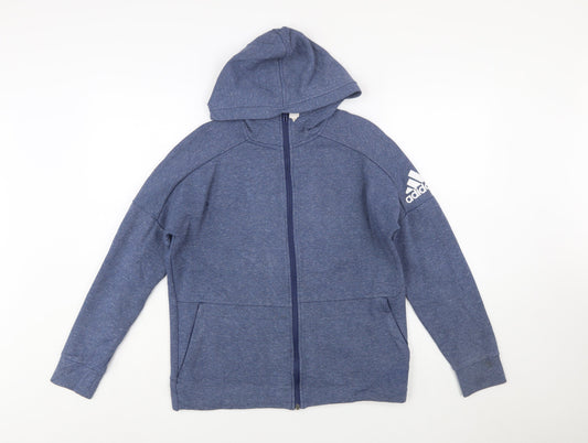 Additional front view of Adidas boys’ blue full zip hoodie, size 13-14, years cotton blend sportswear