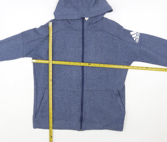 Adidas Boys Blue Full Zip Hoodie Size 13-14 Years Cotton Blend Sportswear