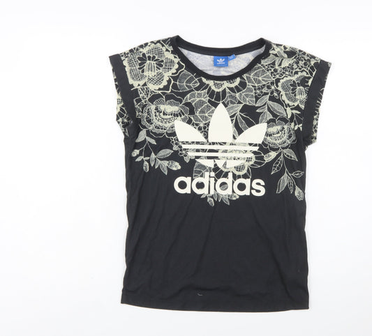 Additional front view of Adidas Women's Black Floral T-Shirt, size 6, Crew Neck Casual Top
