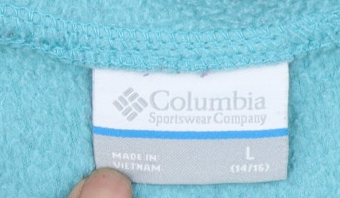 Brand and care label for Columbia girls’ blue hooded fleece jacket, size 14-15, years full zip