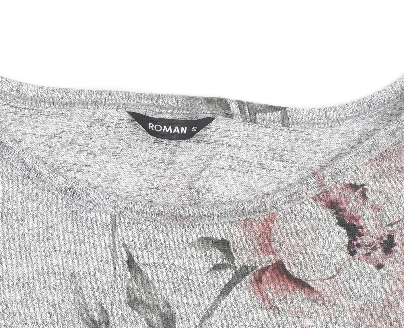 Brand and care label for Roman Women’s Grey Floral Jersey 3/4 Sleeve T-Shirt, size UK 12