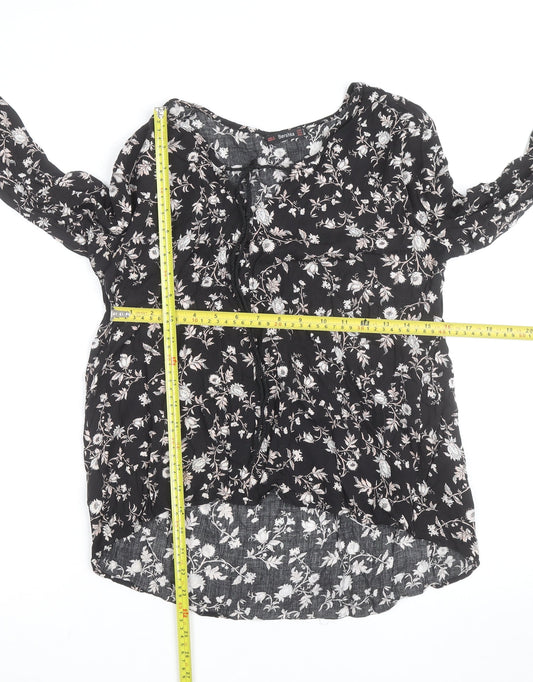 Bershka Womens Black Floral Tunic Blouse Size 12 Viscose Long Sleeve