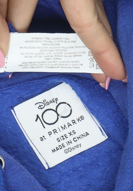 Brand and care label for Primark Disney unisex blue mickey mouse pullover hoodie xs