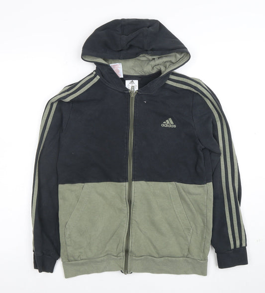 Additional front view of Adidas boys’ black green full zip hoodie, size 13-14, years cotton blend