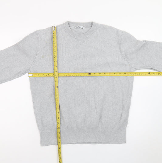 ZARA Men's Grey Wool Blend Crew Neck Jumper Size L