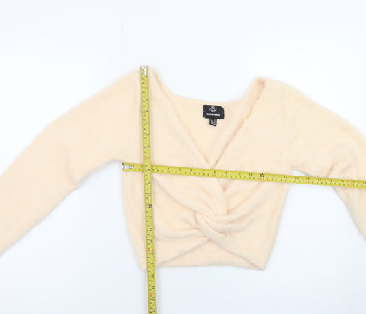 Threadbare Women Beige V-Neck Long Sleeve Twist Front Jumper Size 12
