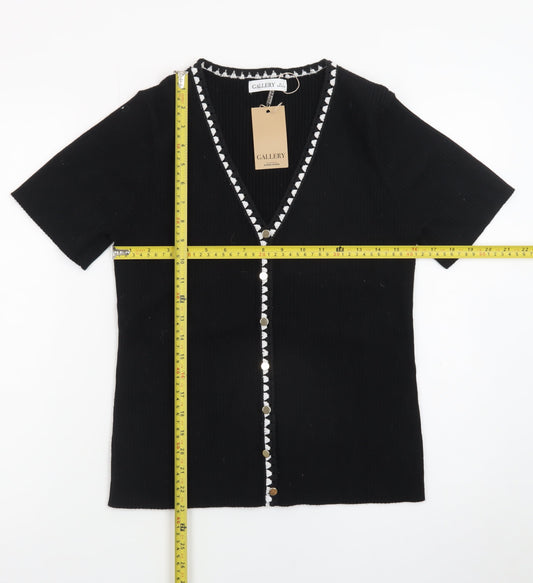 Gallery Womens Black V-Neck Short Sleeve Button Cardigan Size 16