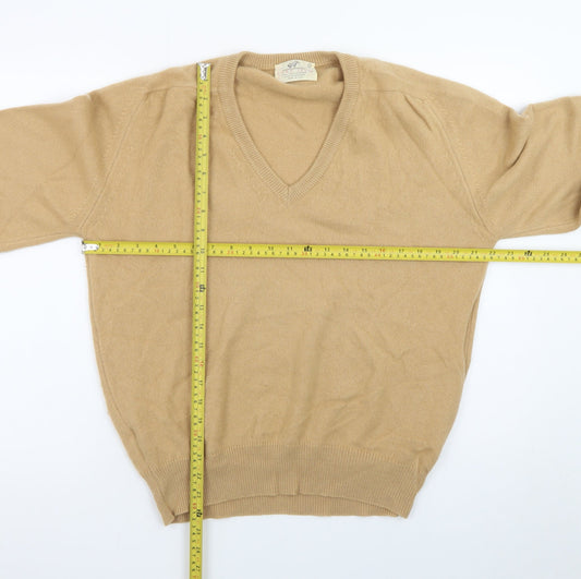 Lord Jeff Men's Beige Cashmere V-Neck Jumper Size L Classic Pullover