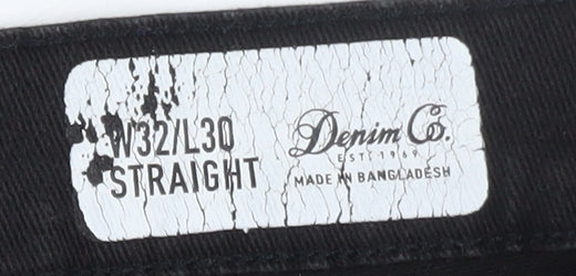 Brand and care label for Denim Co. Men’s Black Straight Leg Jeans W32 L30 Regular Fit