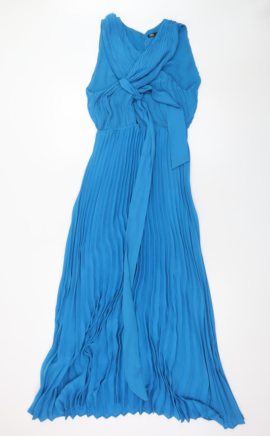 ZARA Womens Blue Sleeveless Pleated Chiffon Maxi Dress XS