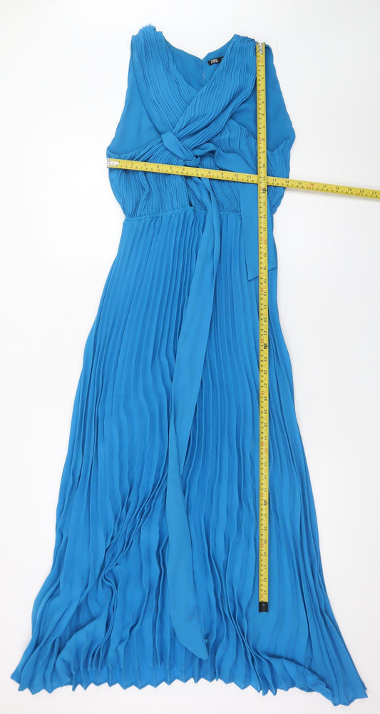 ZARA Womens Blue Sleeveless Pleated Chiffon Maxi Dress XS