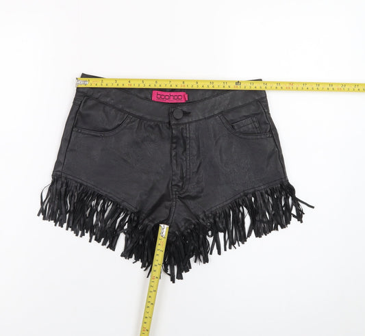Boohoo Women's Black Faux Leather Fringe Hot Pants Shorts Size 8