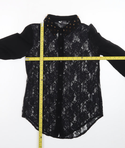 Sparkle & Fade Women's Black Lace Collared Studded Long Sleeve Blouse XS