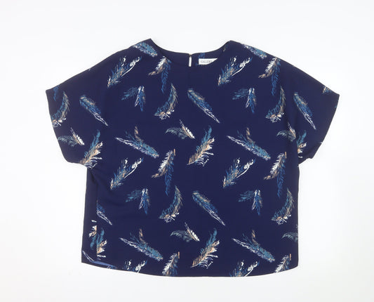 Additional front view of Gallery Women Blue Feather Print Short Sleeve Blouse, size L