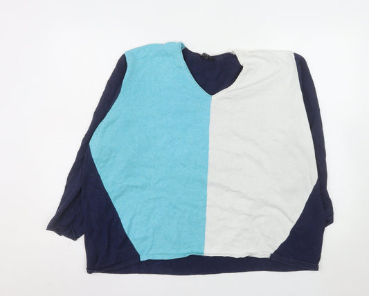 Marble Women's Blue Colour Block V-Neck Cotton Jumper Size 5XL