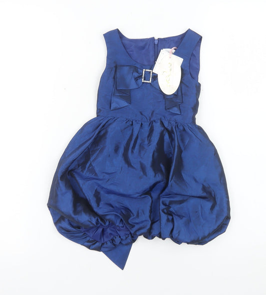 BHS Girls Navy Blue Taffeta Bubble Hem Bow Party Dress 2 Years