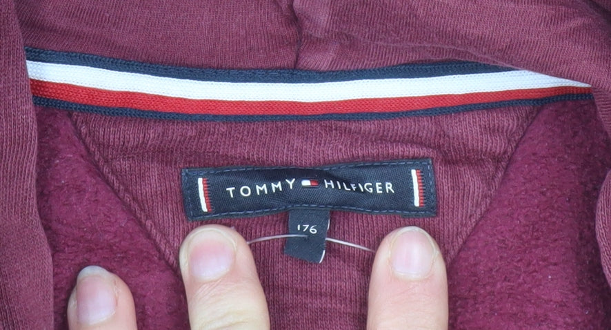 Brand and care label for Tommy Hilfiger boys’ burgundy hoodie size 176cm pullover cotton blend