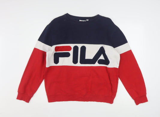 Additional front view of Fila women’s red blue colourblock crew neck sweatshirt, size UK 10