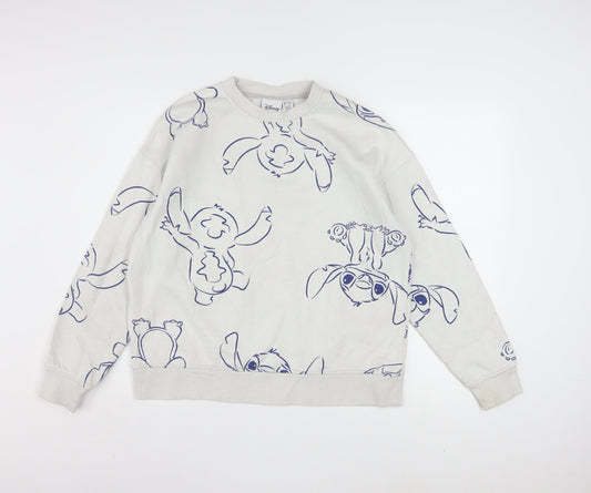Front view of Disney women’s white stitch print pullover sweatshirt, size UK 10/12