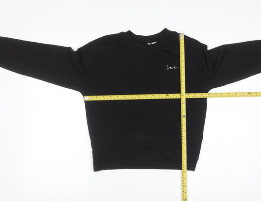 H&M Divided Women Black XS Pullover Sweatshirt with Love Embroidery