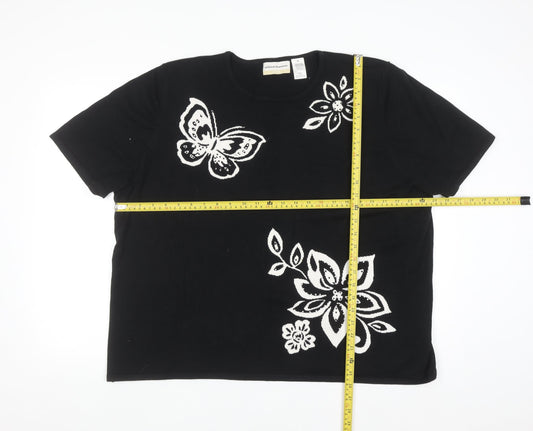 Alfred Dunner Women Black 2XL Floral Butterfly Knit Short Sleeve Jumper