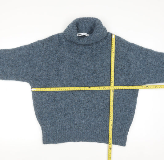 ZARA Women Blue Roll Neck Chunky-Knit Wool Blend Jumper Size 12